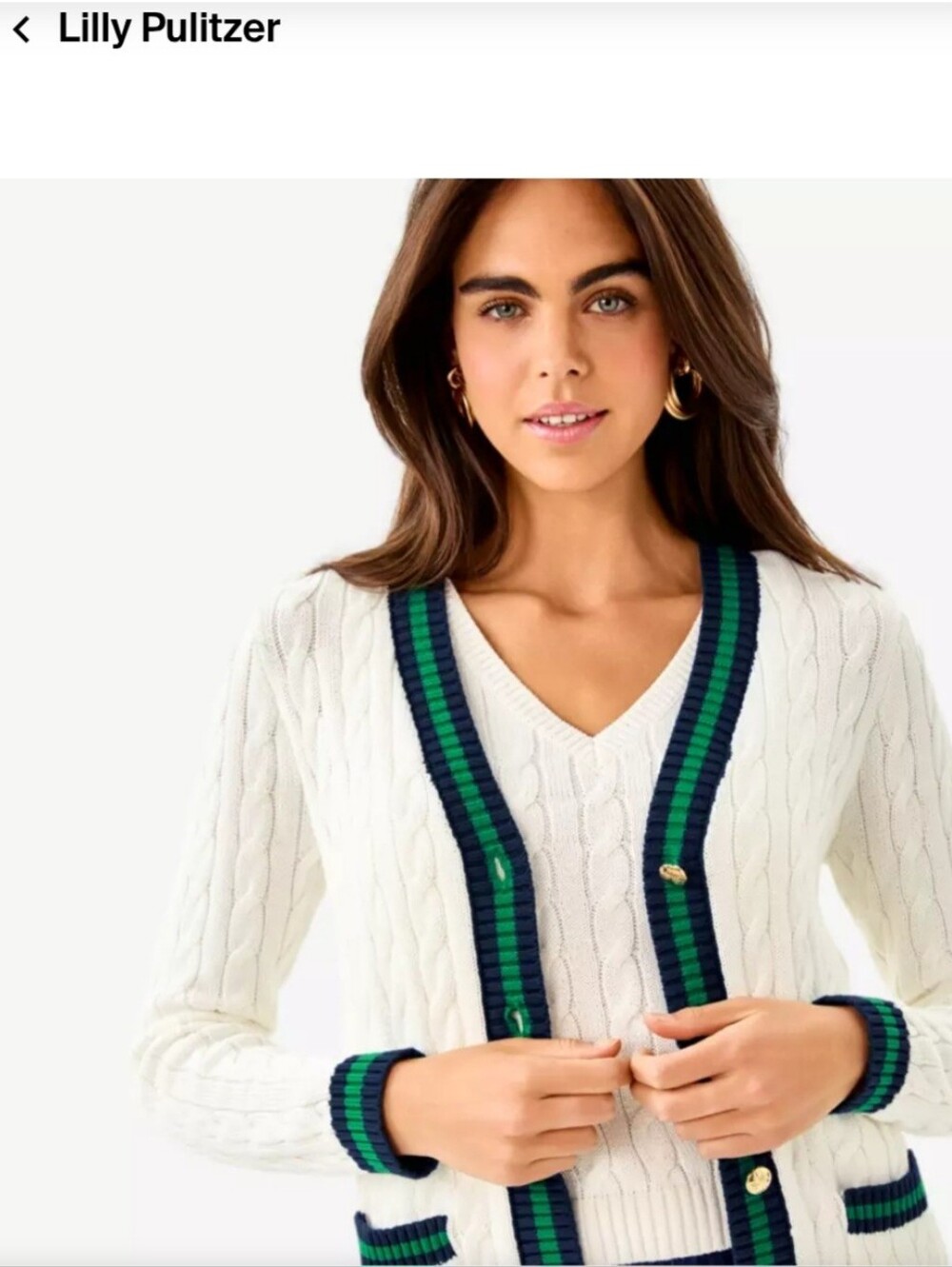 Lilly Pulitzer Brockton White Cable Cardigan W/ Navy & Green Trim> New With Tags